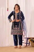 Midnight Blue Velvet Floral Embroidered Kurta Set
