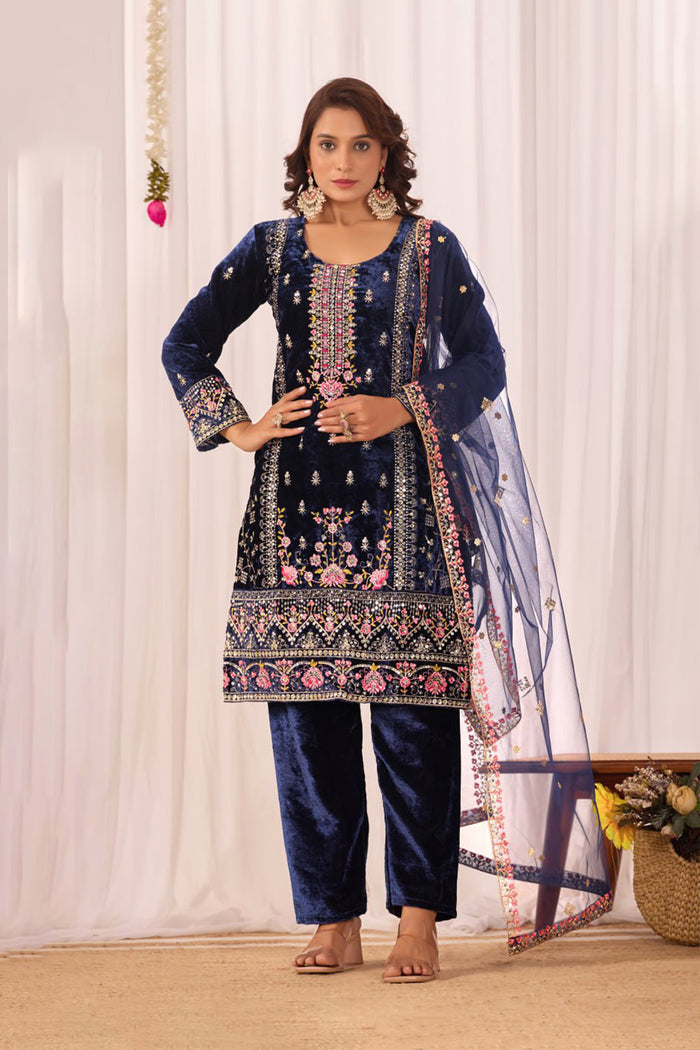 Midnight Blue Velvet Floral Embroidered Kurta Set