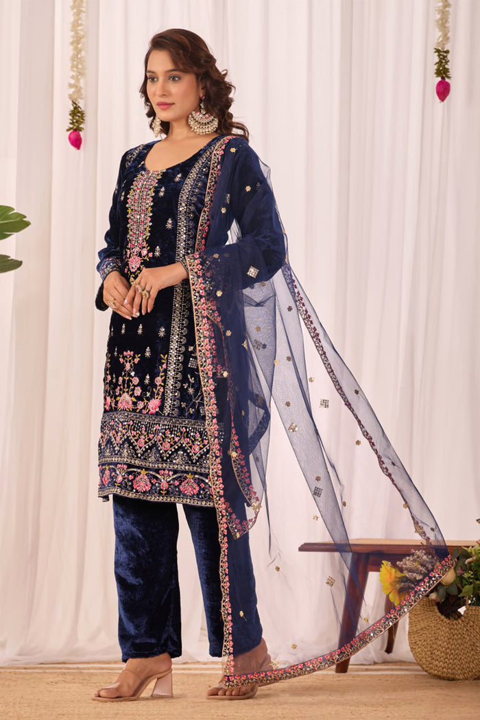Midnight Blue Velvet Floral Embroidered Kurta Set