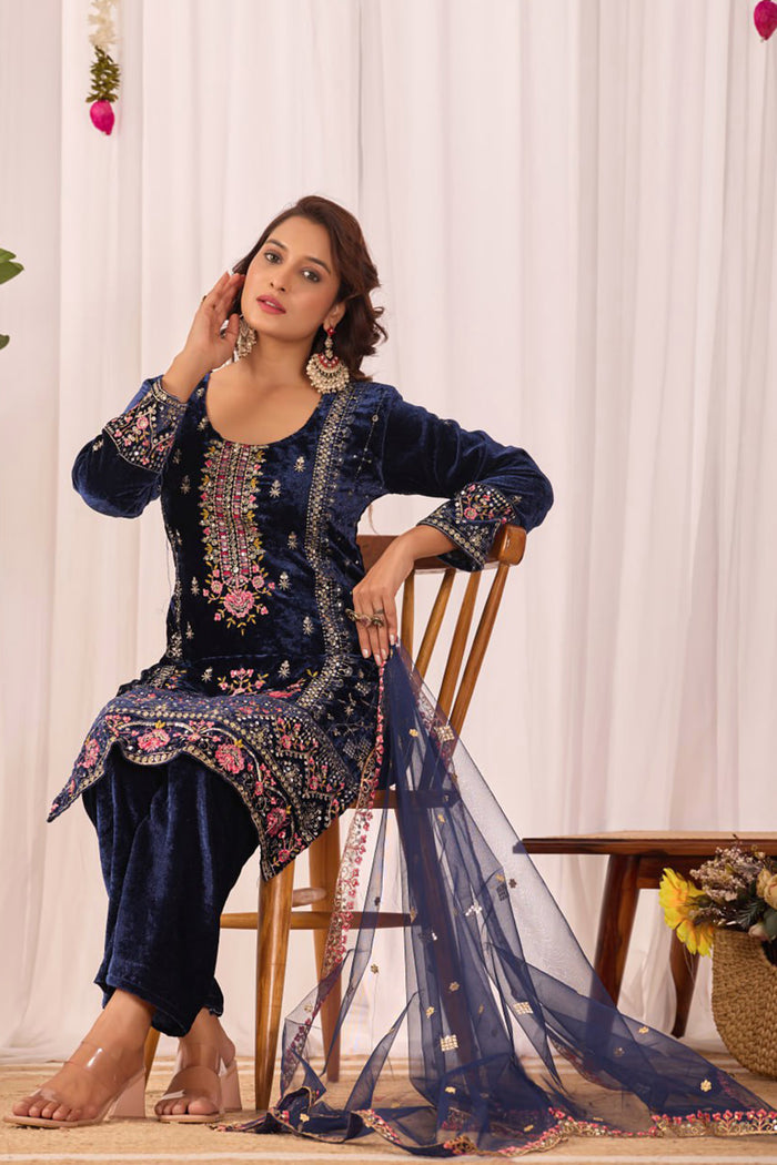 Midnight Blue Velvet Floral Embroidered Kurta Set