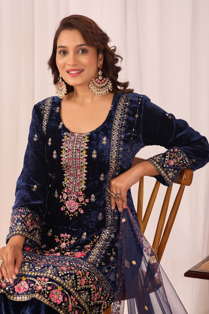 Midnight Blue Velvet Floral Embroidered Kurta Set