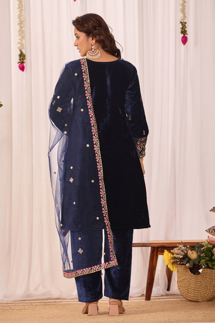 Midnight Blue Velvet Floral Embroidered Kurta Set