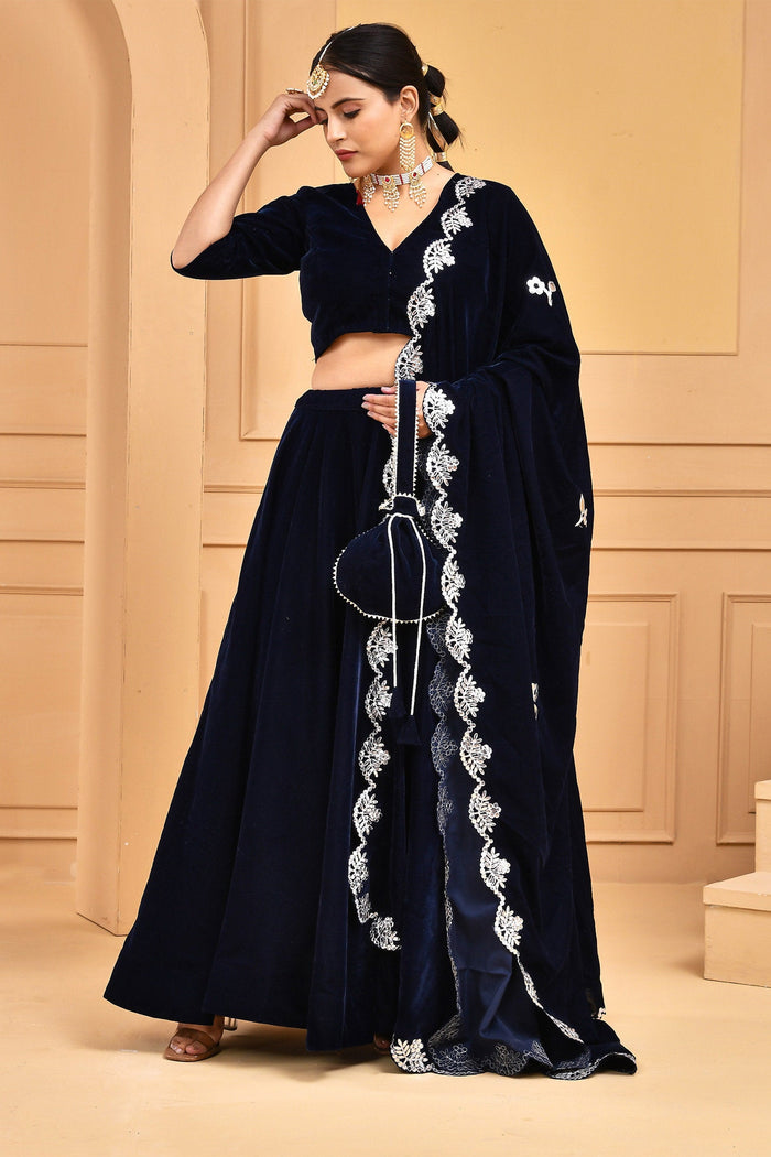 Midnight Blue Velvet Lehenga Set