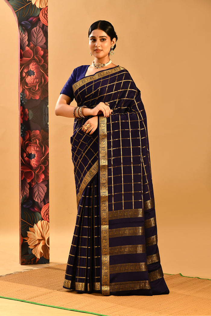 Midnight Blue Woven Checks Mysore Crepe Saree
