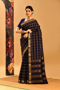 Midnight Blue Woven Checks Mysore Crepe Saree