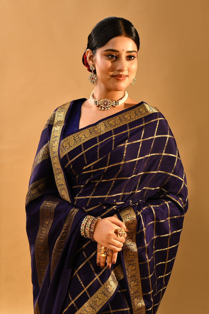 Midnight Blue Woven Checks Mysore Crepe Saree