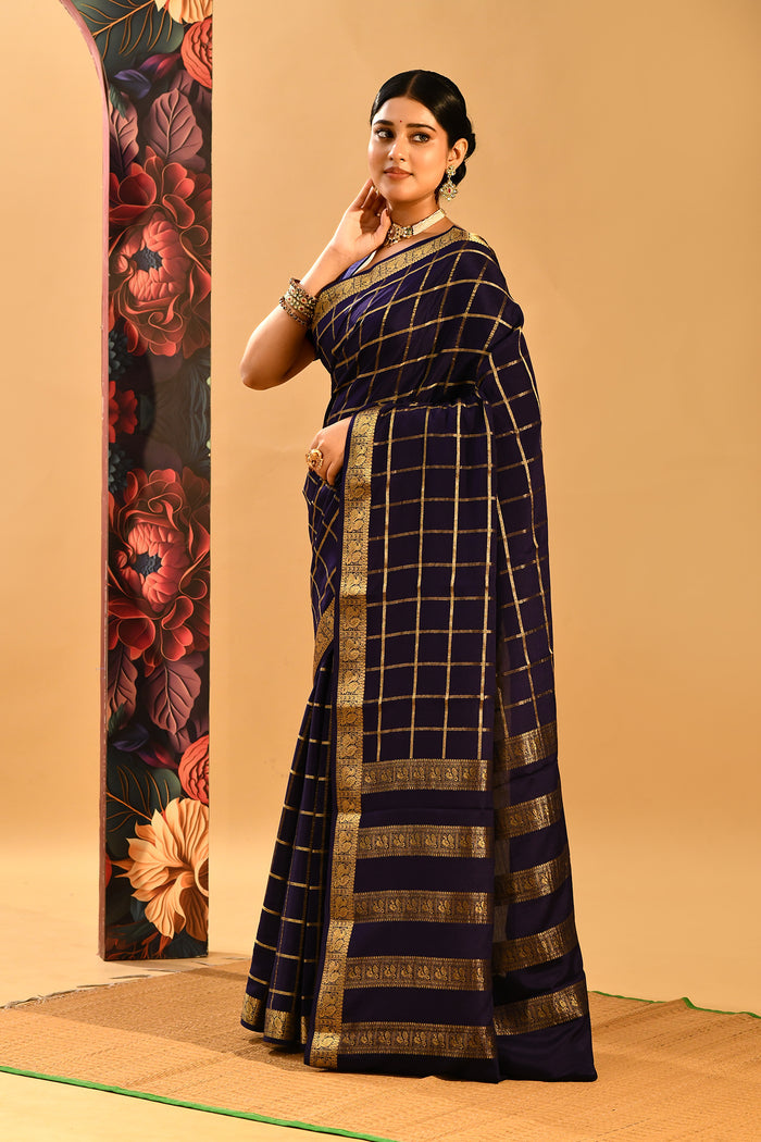 Midnight Blue Woven Checks Mysore Crepe Saree