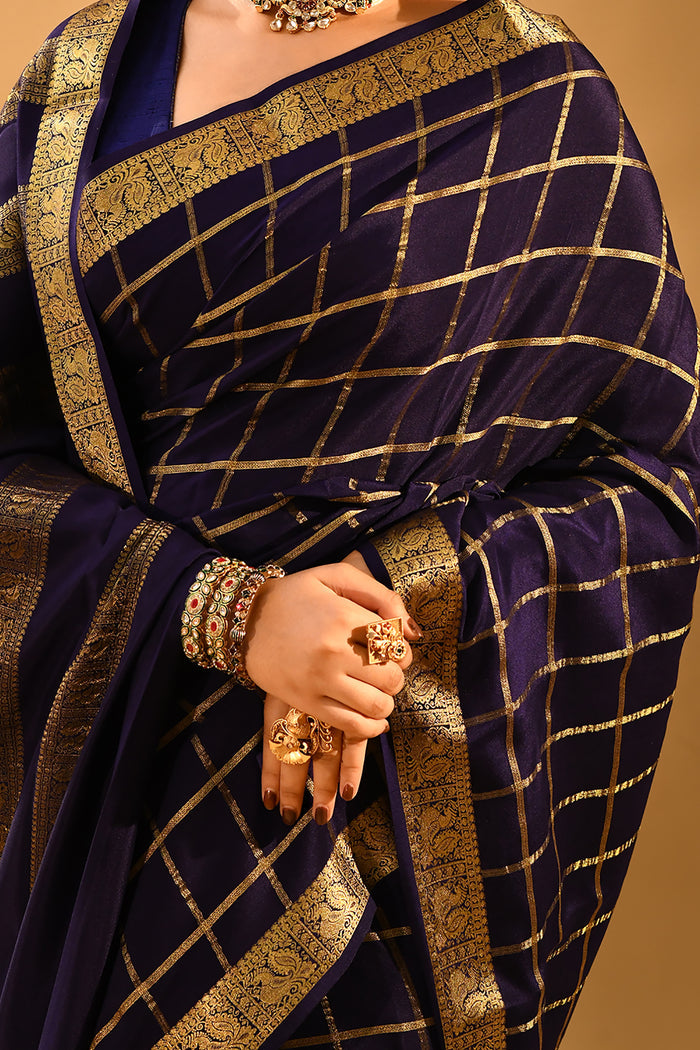 Midnight Blue Woven Checks Mysore Crepe Saree