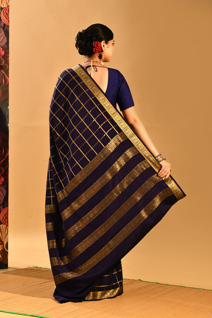 Midnight Blue Woven Checks Mysore Crepe Saree