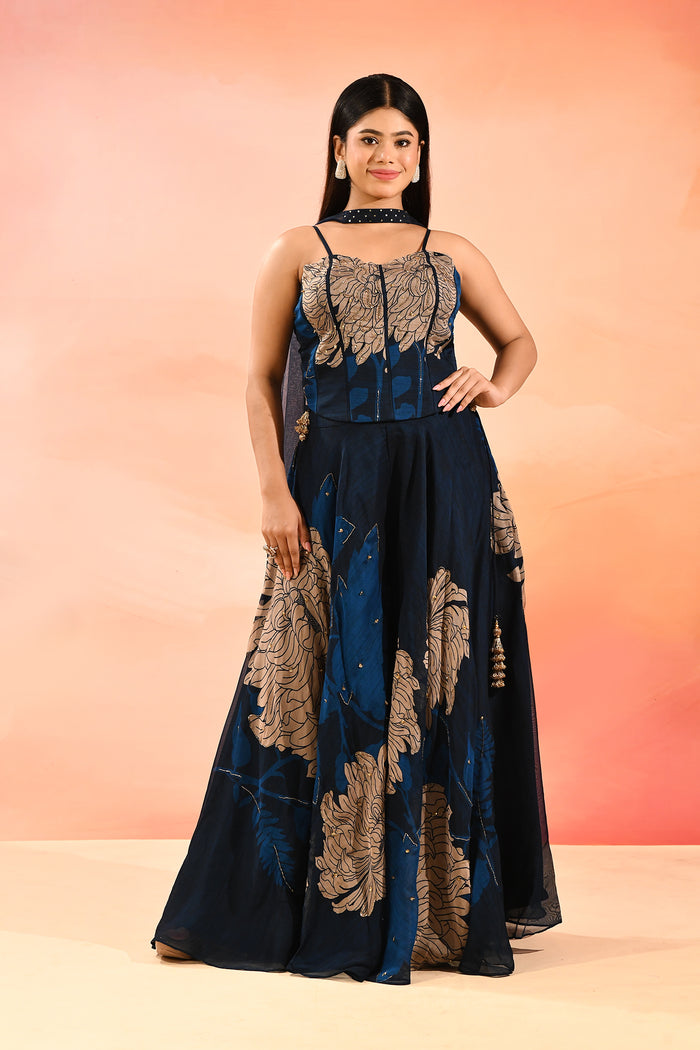 Midnight Sapphire Botanical Print Choli Set