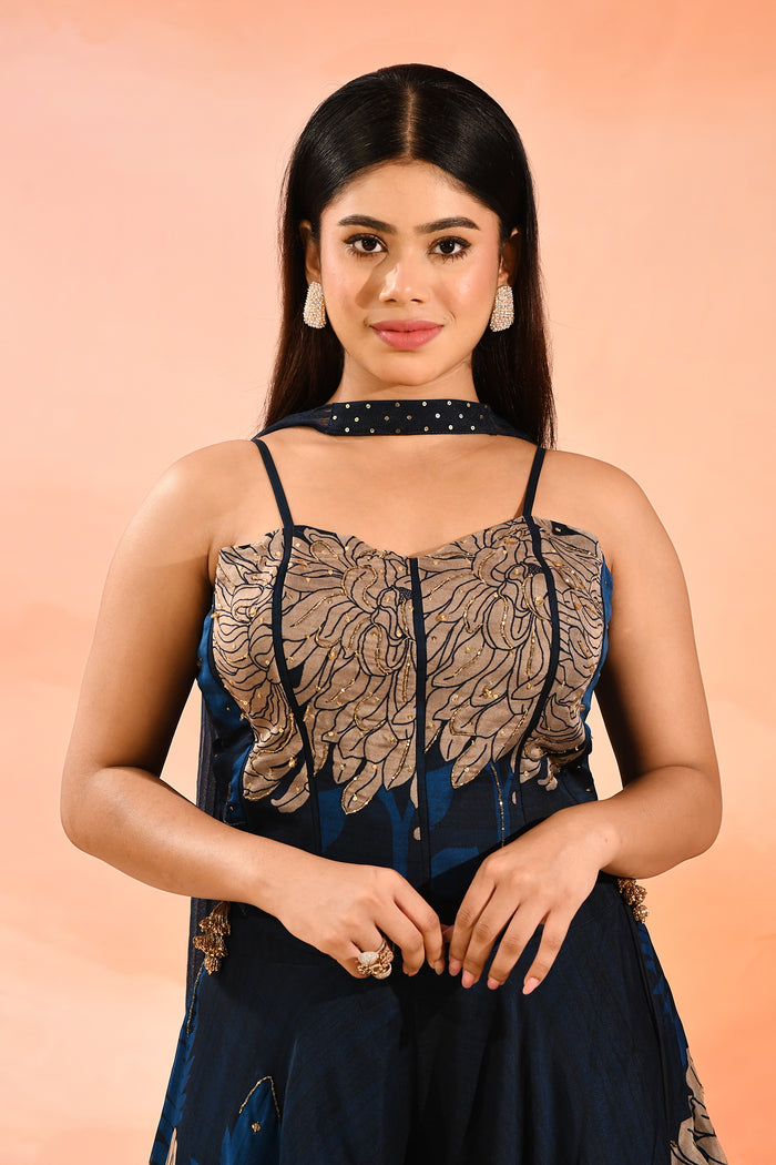 Midnight Sapphire Botanical Print Choli Set