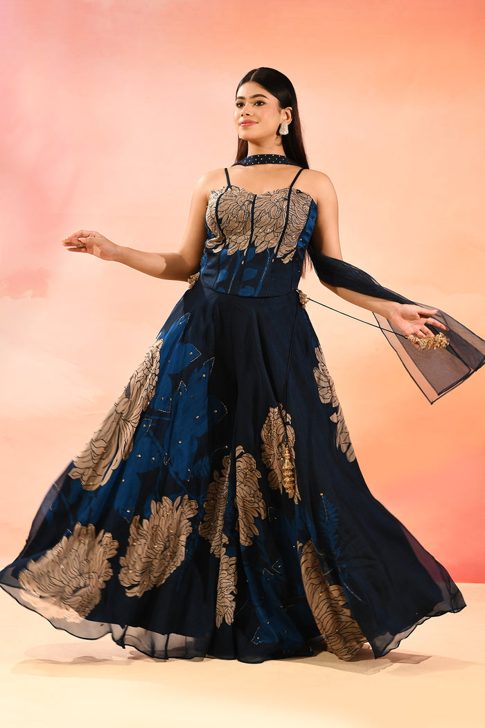 Midnight Sapphire Botanical Print Choli Set