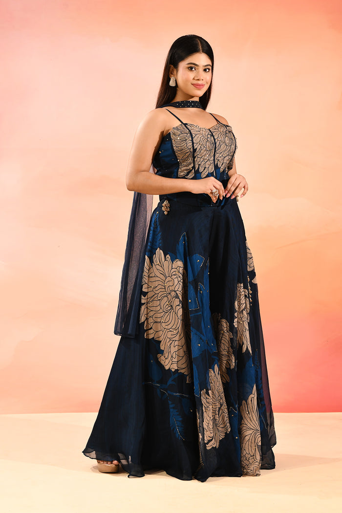 Midnight Sapphire Botanical Print Choli Set
