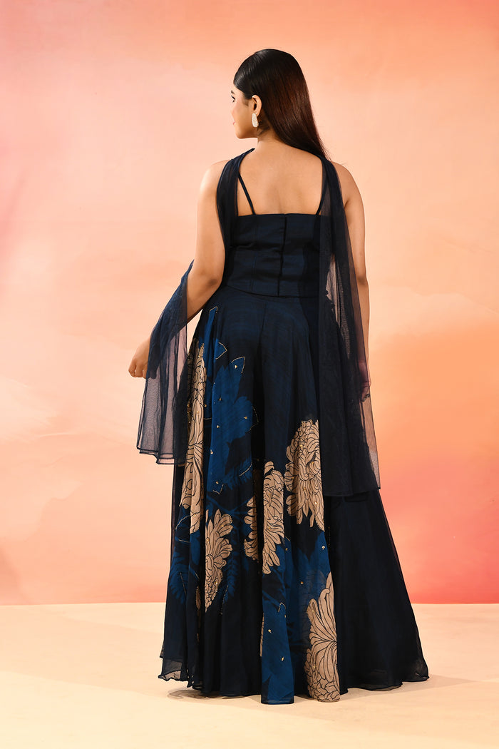 Midnight Sapphire Botanical Print Choli Set