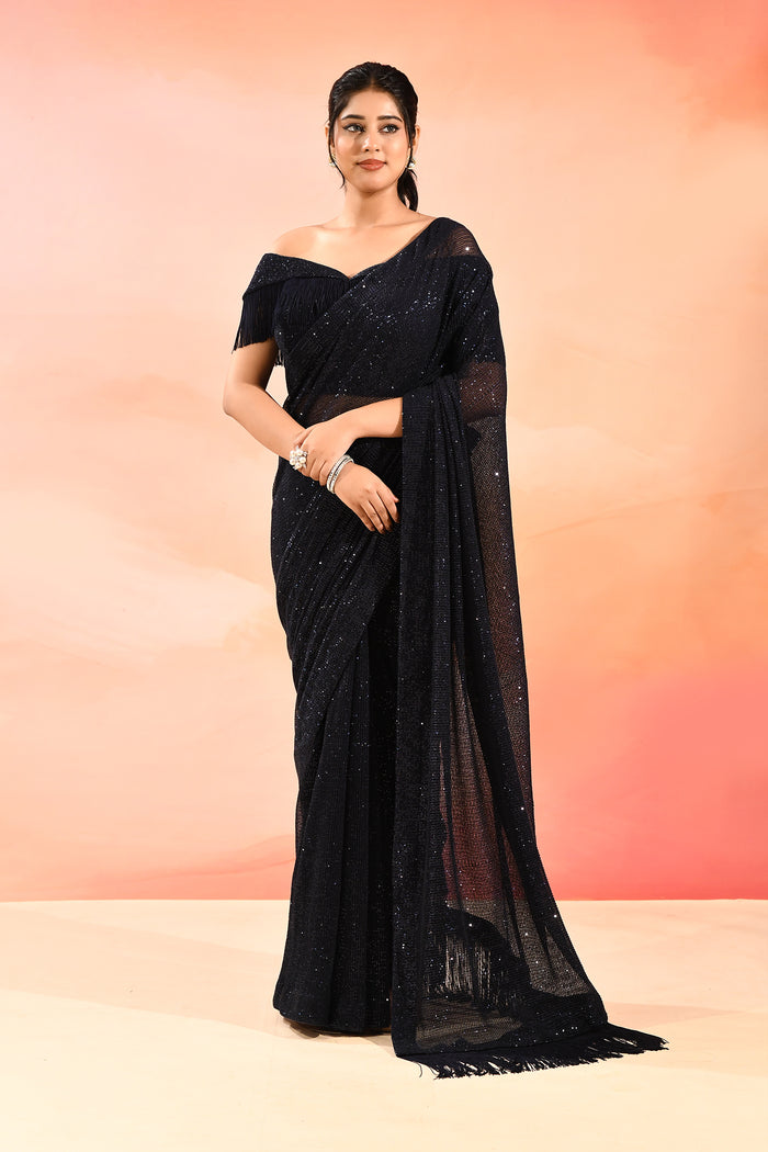 Midnight Sapphire Metallic Shimmer Net Saree With Elegant Beaded Tassels