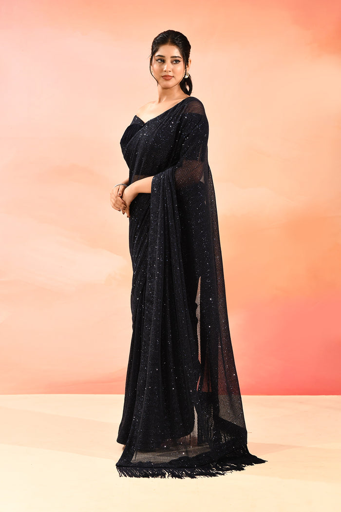 Midnight Sapphire Metallic Shimmer Net Saree With Elegant Beaded Tassels