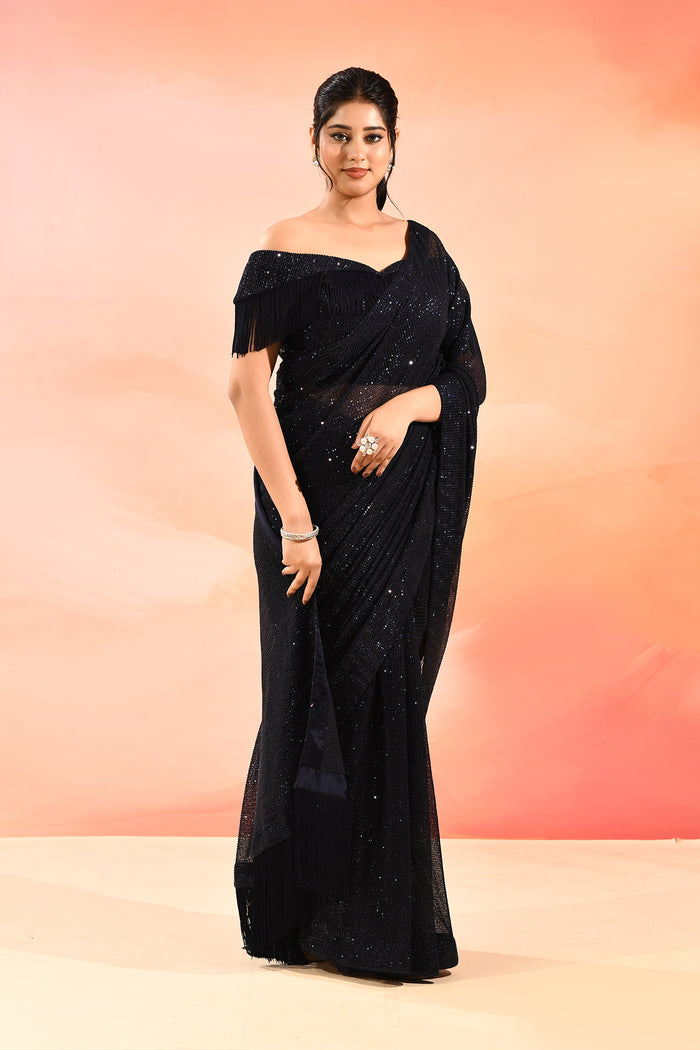 Midnight Sapphire Metallic Shimmer Net Saree With Elegant Beaded Tassels