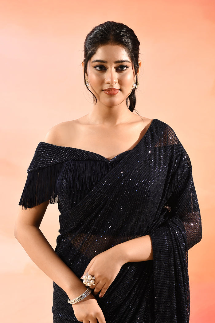 Midnight Sapphire Metallic Shimmer Net Saree With Elegant Beaded Tassels