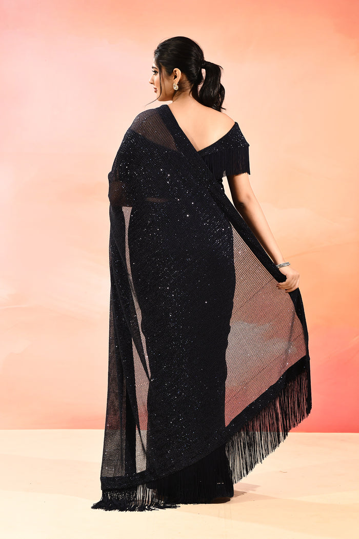 Midnight Sapphire Metallic Shimmer Net Saree With Elegant Beaded Tassels