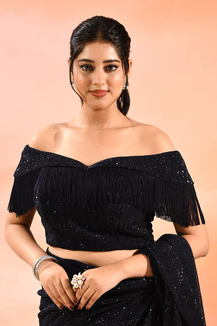 Midnight Sapphire Metallic Shimmer Net Saree With Elegant Beaded Tassels