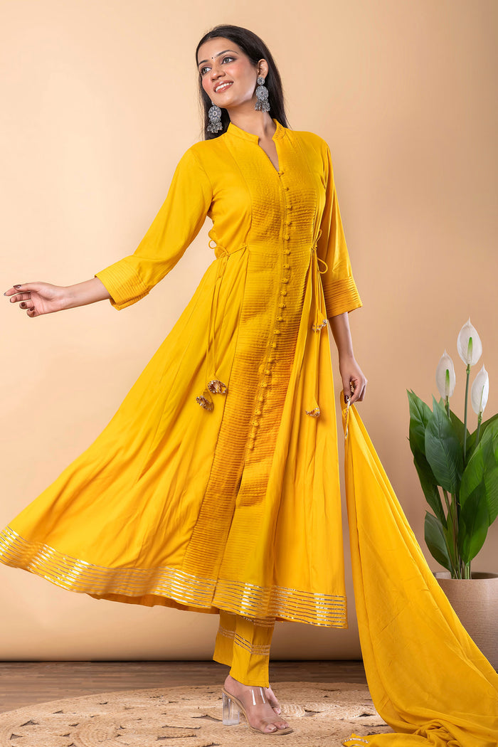 Mikado Yellow Rayon Gota Work Anarkali Set