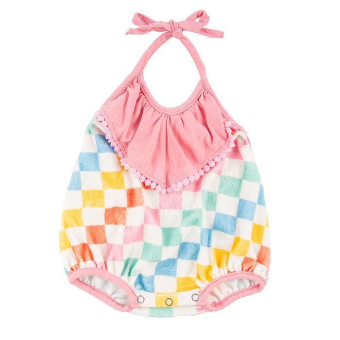 Miki Miette - Tie-Neck Bubble Romper - Rainbow Check-Footies + Rompers (Fashion)-3-6M (6M)-Posh Baby