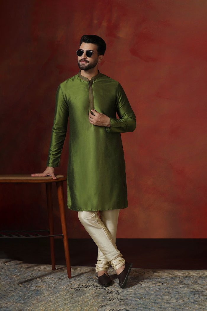 Military Green Solid Dupion Kurta Set