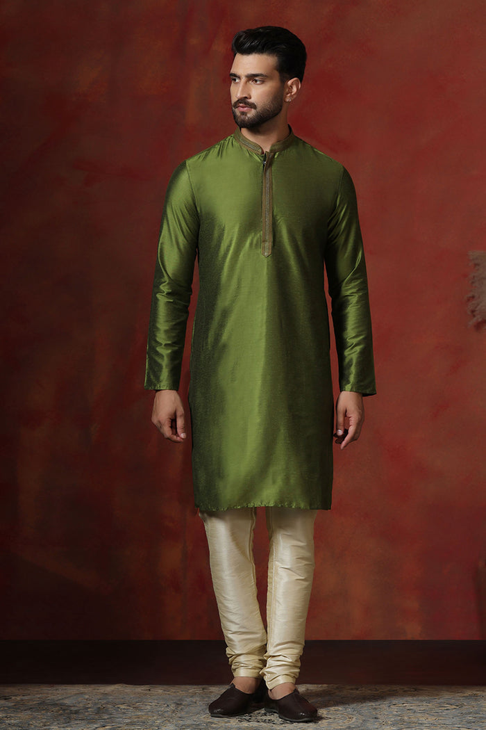 Military Green Solid Dupion Kurta Set