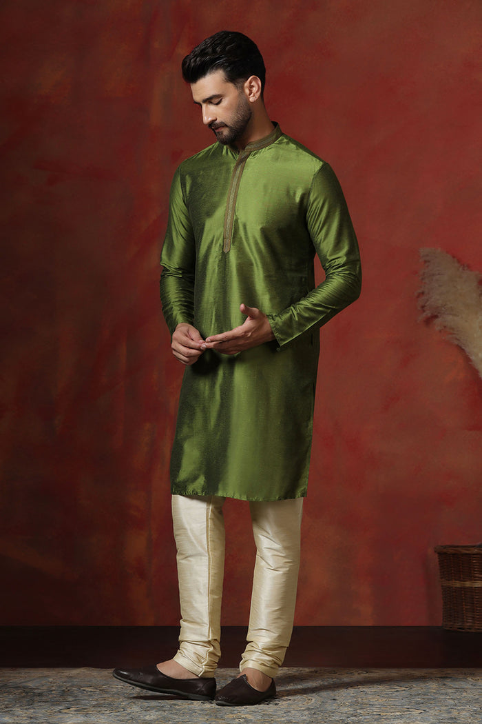 Military Green Solid Dupion Kurta Set