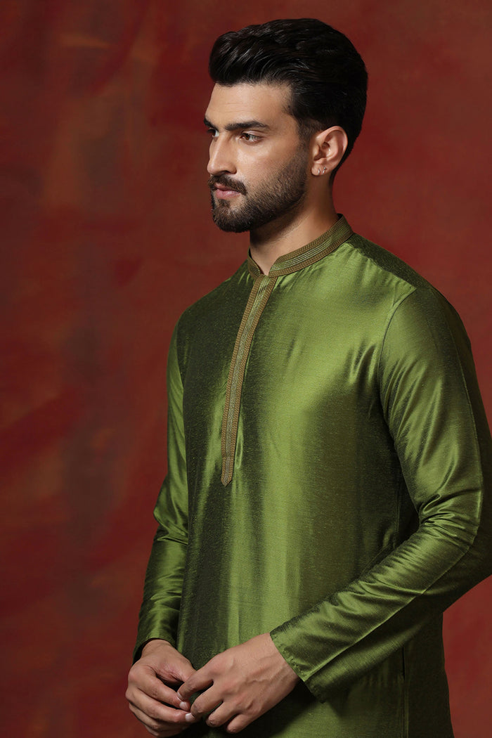 Military Green Solid Dupion Kurta Set