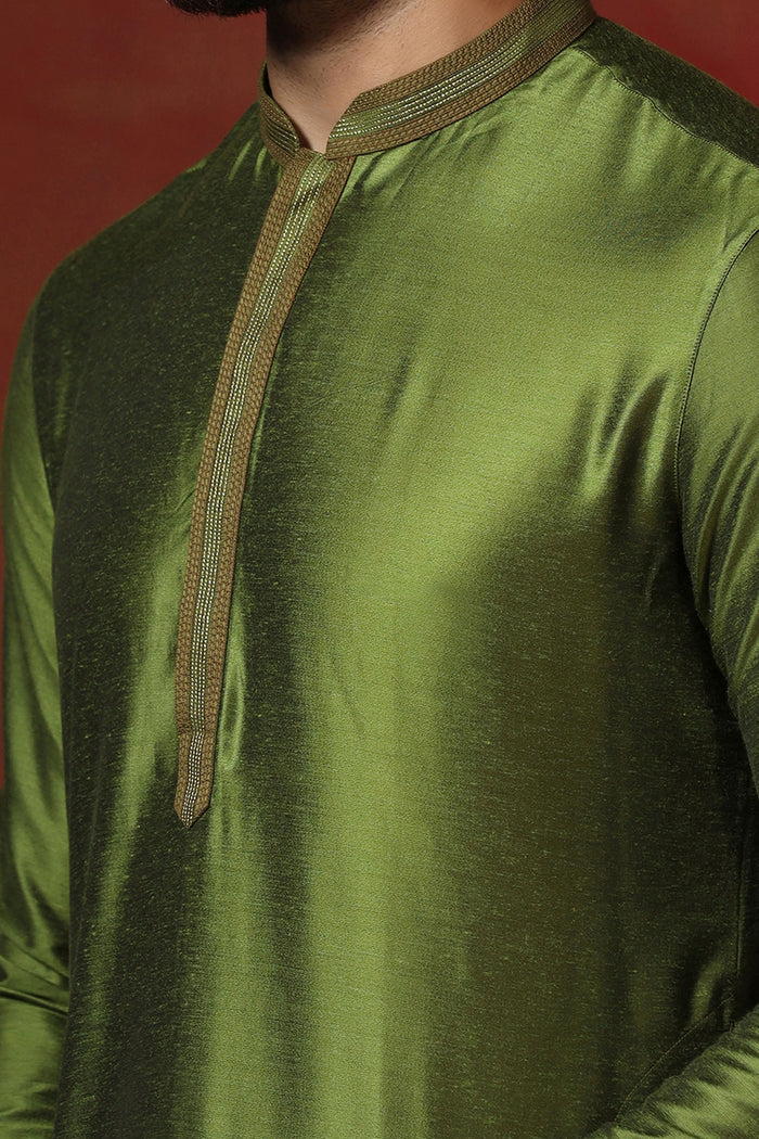 Military Green Solid Dupion Kurta Set