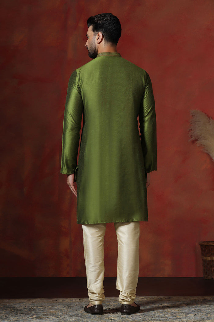 Military Green Solid Dupion Kurta Set