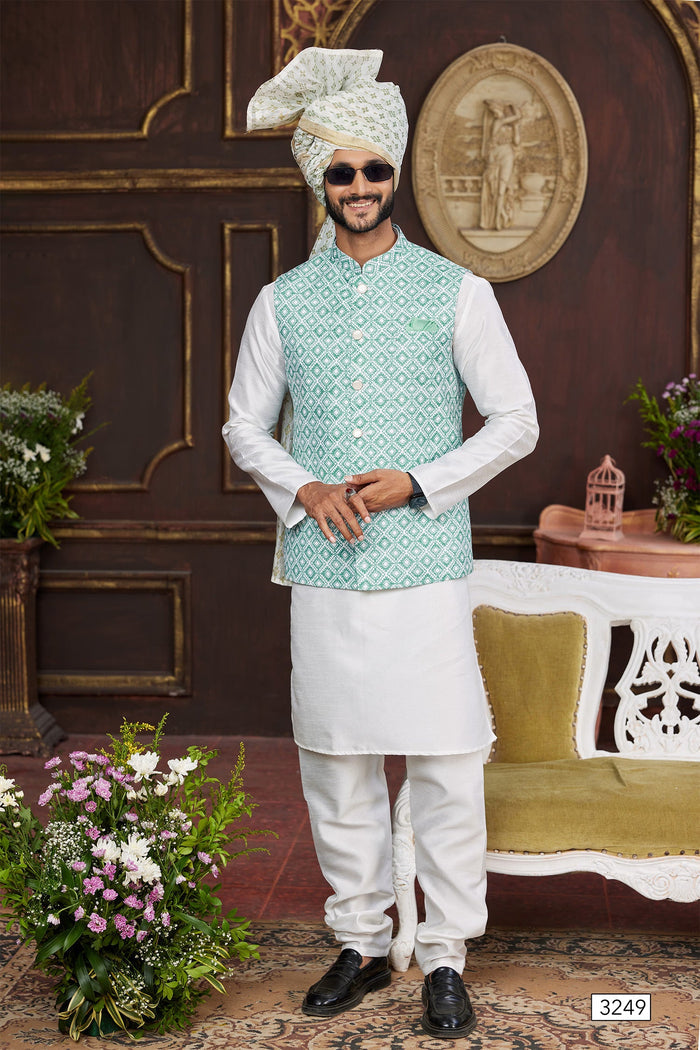 Milk White Art Banarasi Silk Kurta Set With Jacket