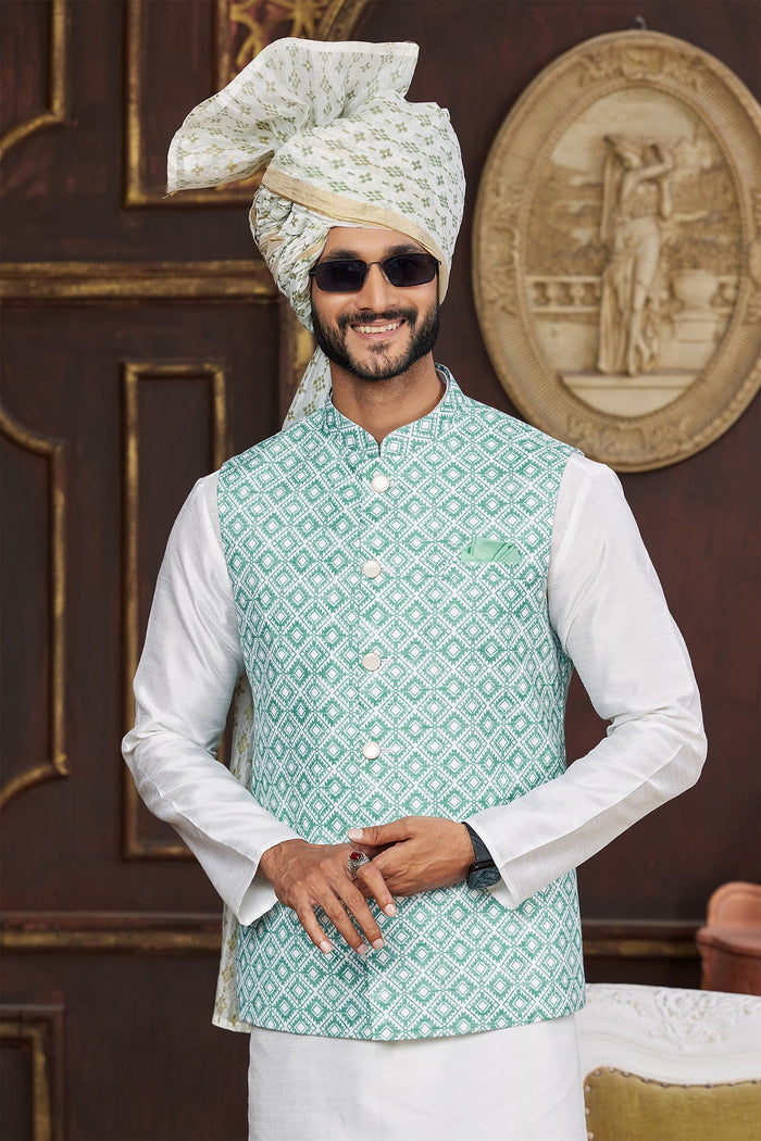 Milk White Art Banarasi Silk Kurta Set With Jacket