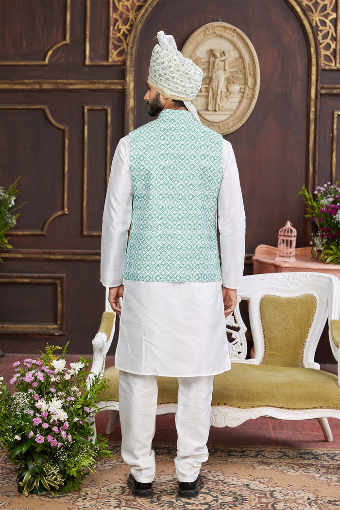 Milk White Art Banarasi Silk Kurta Set With Jacket