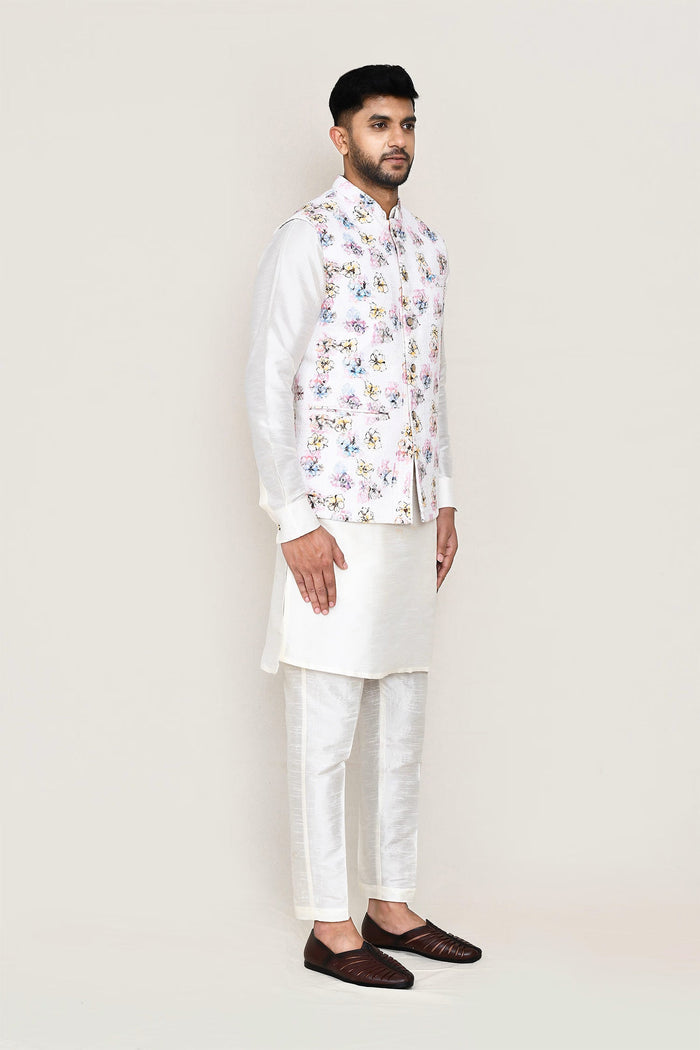 Milk White Art Silk Kurta Set With White Jacket