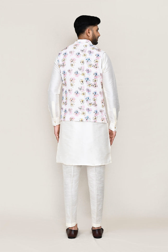 Milk White Art Silk Kurta Set With White Jacket