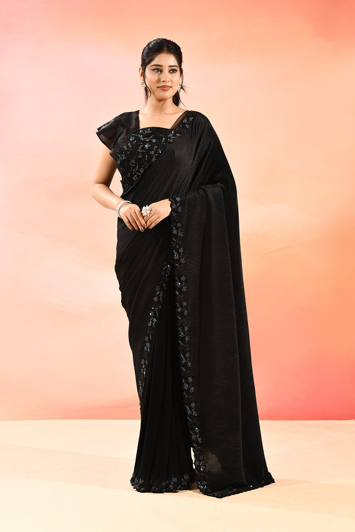 Mindnight Black With Ribbed Pleats And Sequinned Foral Border Velvet Designer Saree