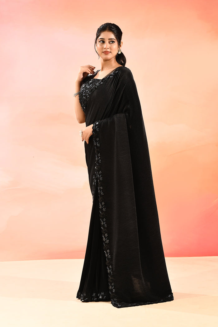 Mindnight Black With Ribbed Pleats And Sequinned Foral Border Velvet Designer Saree