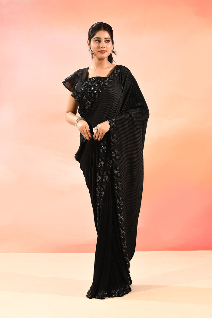 Mindnight Black With Ribbed Pleats And Sequinned Foral Border Velvet Designer Saree