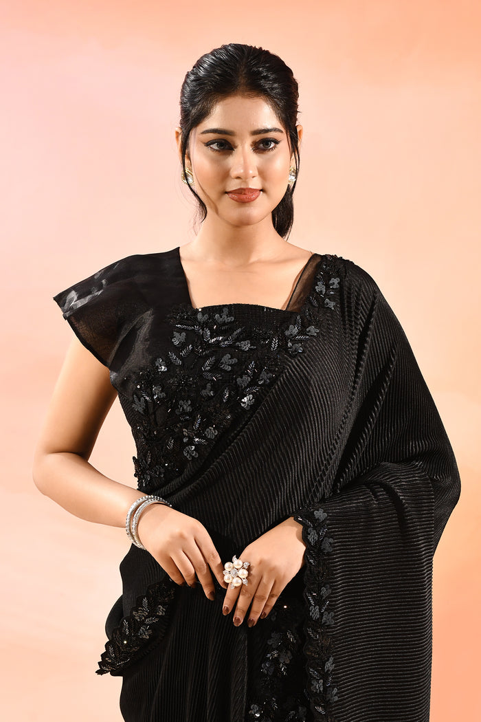 Mindnight Black With Ribbed Pleats And Sequinned Foral Border Velvet Designer Saree