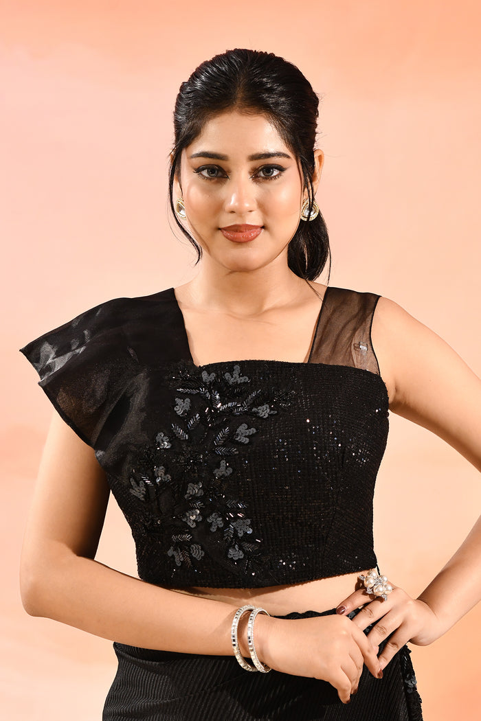 Mindnight Black With Ribbed Pleats And Sequinned Foral Border Velvet Designer Saree