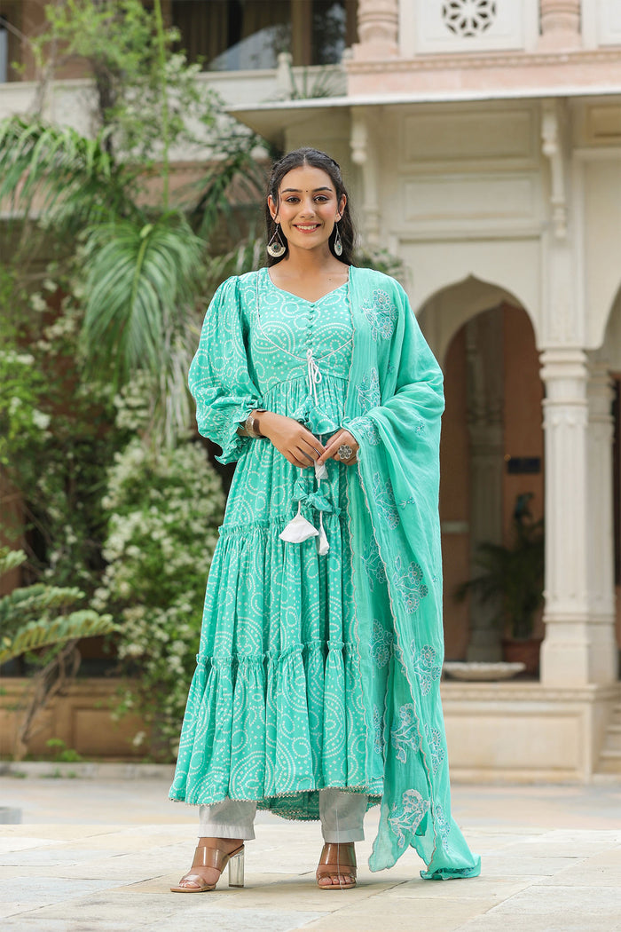 <img> Mint Blue Silk Bandhani Printed Anarkali Set