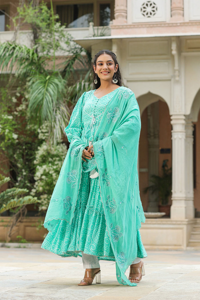 <img> Mint Blue Silk Bandhani Printed Anarkali Set