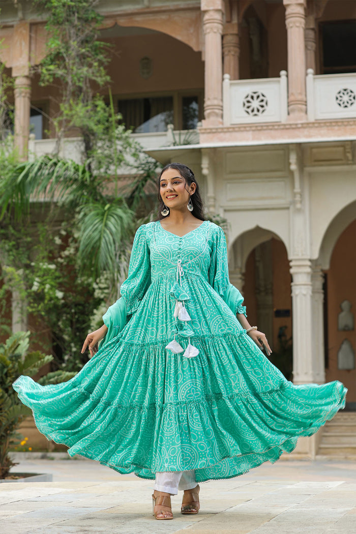 <img> Mint Blue Silk Bandhani Printed Anarkali Set