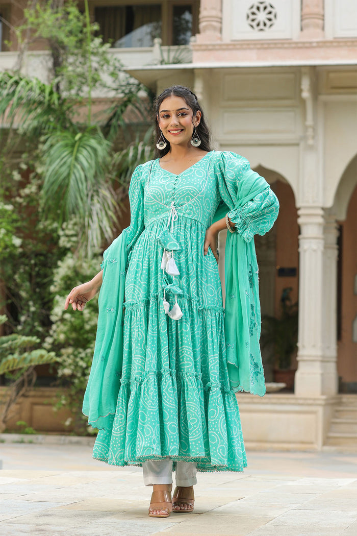 <img> Mint Blue Silk Bandhani Printed Anarkali Set