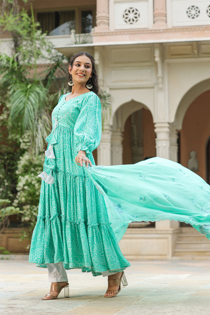 <img> Mint Blue Silk Bandhani Printed Anarkali Set