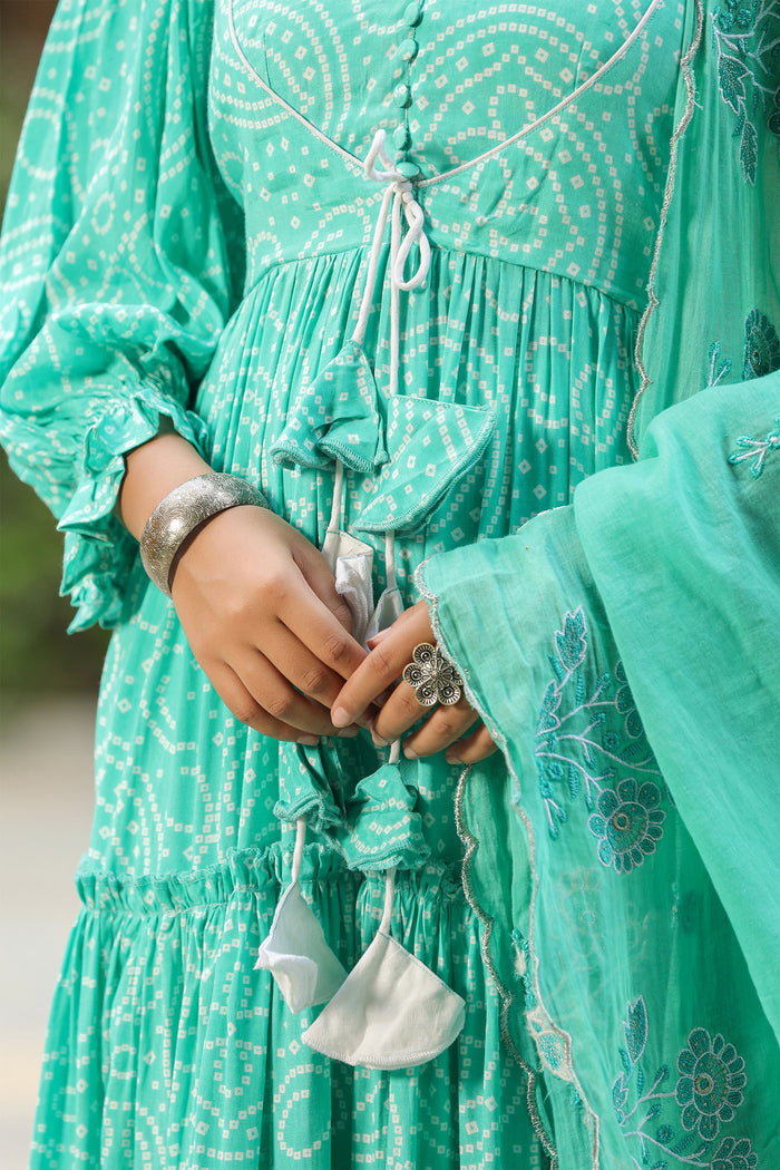 <img> Mint Blue Silk Bandhani Printed Anarkali Set