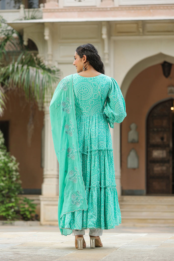 <img> Mint Blue Silk Bandhani Printed Anarkali Set