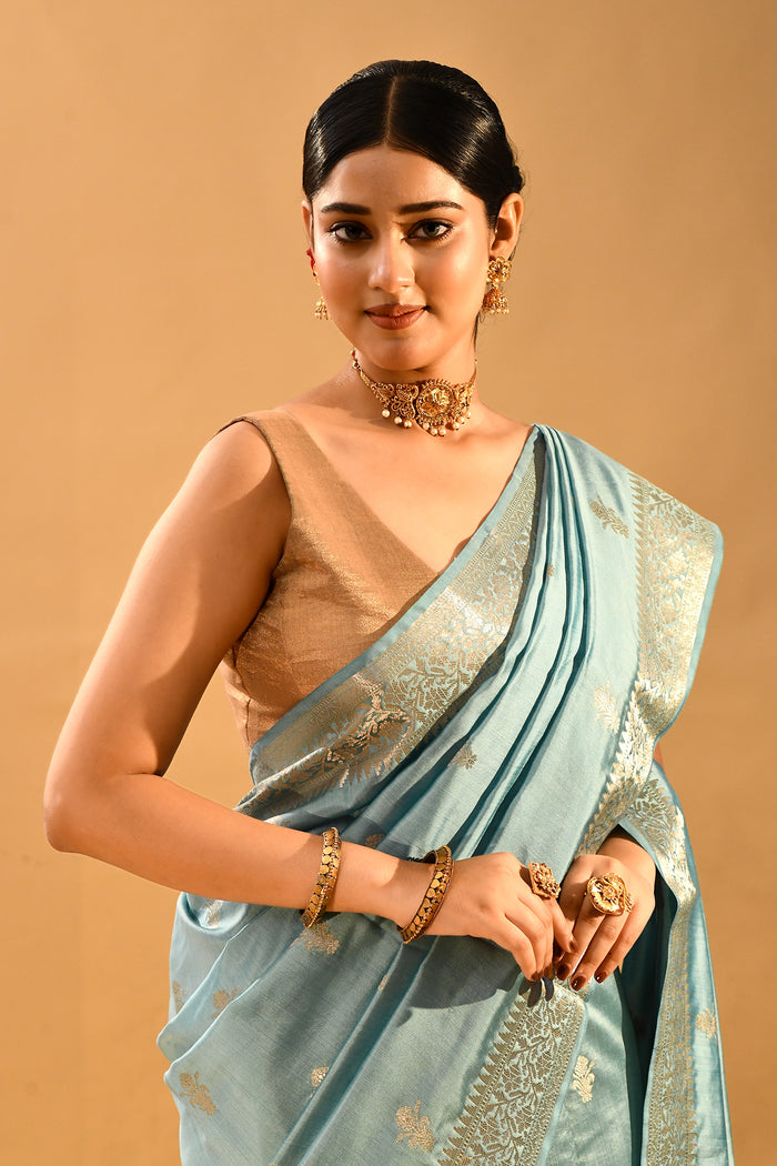 Mint Blue Zari Butti Banarasi Saree